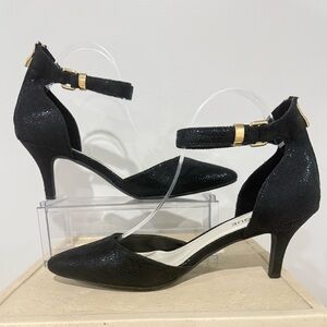 Classique Black Shimmer Ankle Strap Pointed Toe D'Orsay Kitten Heel Shoes Sz 10W